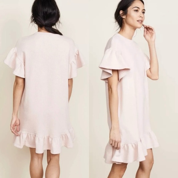 Ulla Johnson Womens Ruffle Sleeve Hem Dress Sz Medium Rose Washed Terry Knit - Picture 2 of 8